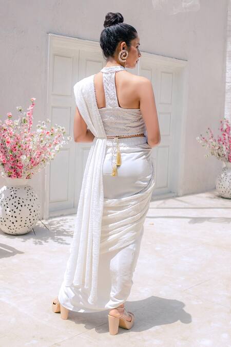 Shop Monk & Mei By Sonia Anand White Georgette Embroidery, Karishma Pre-stitched And Pre-draped Dhoti Saree Set at Aza Fashions Shop_Monk & Mei By Sonia Anand_White Georgette Embroidery, Karishma Pre-stitched And Pre-draped Dhoti Saree Set_at_Aza_Fashions