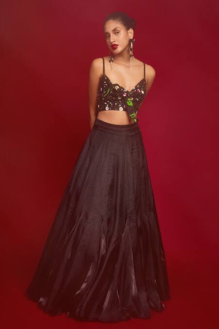 Shop_Nandita Thirani_Black Chiffon And Polyester Silk Embroidery Sequin Long Cape & Skirt Set  _at_Aza_Fashions