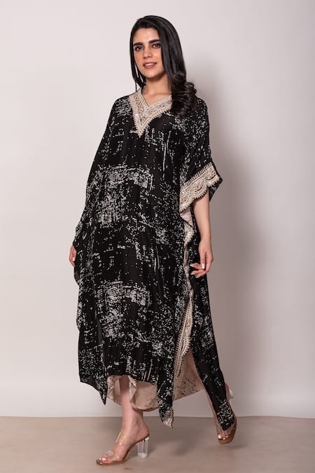 Shop_Vara By Vibha N Priti_Black Silk Sequins, Mirrors, Abstract Dot Print Kaftan With Drape Skirt _at_Aza_Fashions