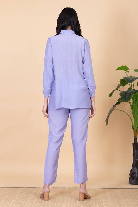 Shop_Chambray & CO._Purple All Weather Pure Silk Embroidery Appliques Azra Work Shirt And Pant Set _at_Aza_Fashions