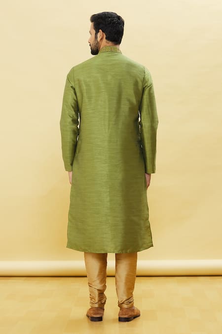 Shop Arihant Rai Sinha Green Silk Embroidery Collar Straight Kurta Churidar Set at Aza Fashions Shop_Arihant Rai Sinha_Green Silk Embroidery Collar Straight Kurta Churidar Set _at_Aza_Fashions