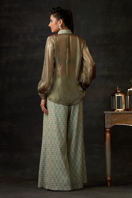 Shop_Shilpi Gupta_Green Blouse And Pant Banana Crepe, Shirt Fluid Placket Embroidered & Set _at_Aza_Fashions