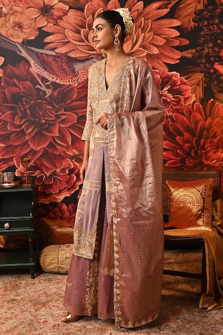 Shop_Moledro_Purple Brocade, Tissue, Silk Sequins, Vintage Embroidered Kurta Sharara Set _at_Aza_Fashions