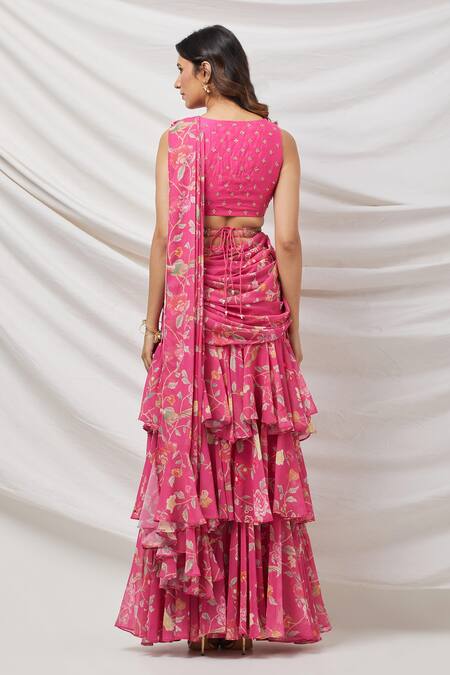 Shop_Basanti - Kapde Aur Koffee_Pink Georgette, Cotton Sequins, Ruffle Floral Print Sharara Saree With Blouse _at_Aza_Fashions
