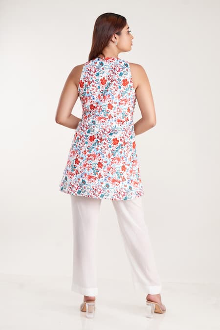 Shop Pooja Bagaria White Velvet, Crepe Pearls, Sequins Round Neck Floral Print Top And Pant Set at Aza Fashions Shop_Pooja Bagaria_White Velvet, Crepe Pearls, Sequins Round Neck Floral Print Top And Pant Set _at_Aza_Fashions