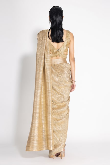 Shop_431-88 By Shweta Kapur_Gold Pleated Silk Embellished Metallic Pre-draped Saree With Blouse  _at_Aza_Fashions