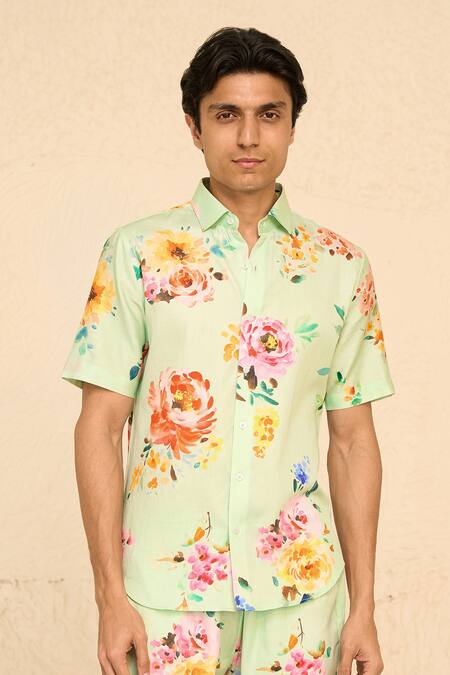 Shop Chrkha Green Cotton Satin Print Floral Shirt at Aza Fashions Shop_Chrkha_Green Cotton Satin Print Floral Shirt _at_Aza_Fashions