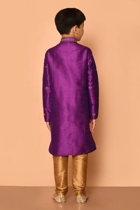 Shop Petite Pomme Purple Silk Embroidery Floret Straight Kurta Set at Aza Fashions Shop_Petite Pomme_Purple Silk Embroidery Floret Straight Kurta Set _at_Aza_Fashions