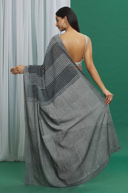 Shop_Banana Labs_Black Cotton Printed Hand Block Striped Saree_at_Aza_Fashions