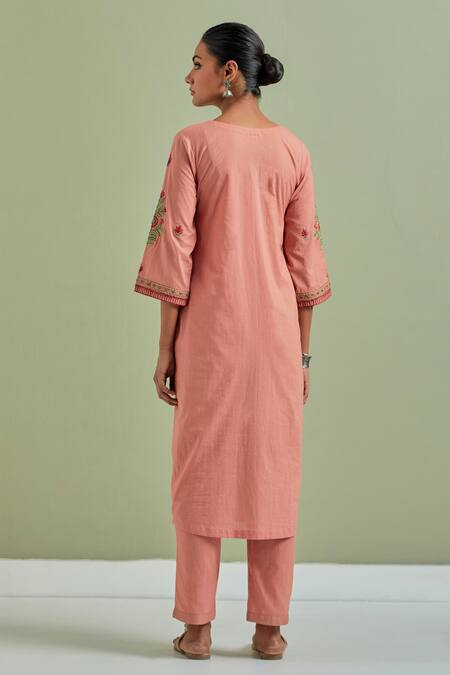 Shop Priya Chaudhary Orange Cotton, Kota Doria Embroidery V-neck Floral Angrakha Pant Set at Aza Fashions Shop_Priya Chaudhary_Orange Cotton, Kota Doria Embroidery V-neck Floral Angrakha Pant Set _at_Aza_Fashions