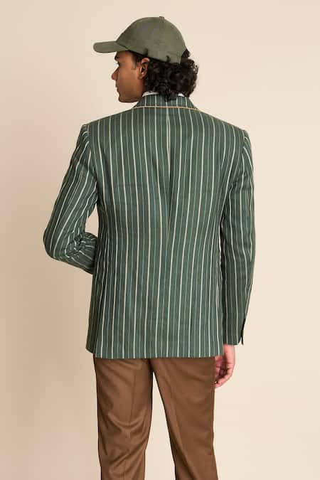 Shop_Gargee Designers_Green Linen Striped Pattern Blazer _at_Aza_Fashions