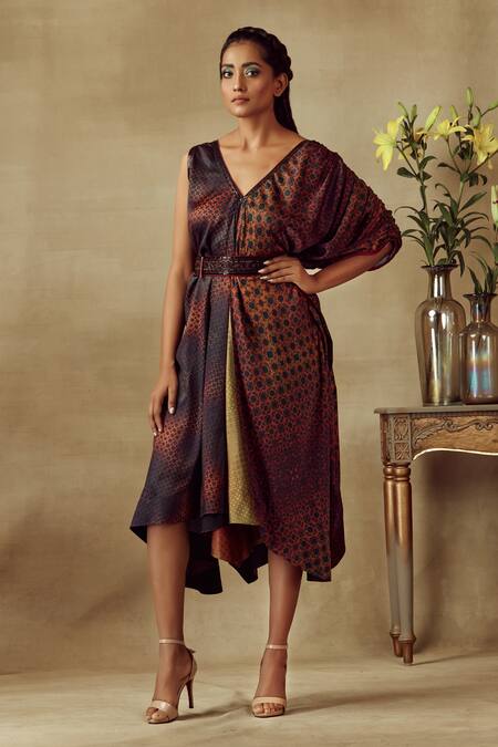 Shop Shilpi Gupta Brown Armani Satin Printed Geometric V Neck Dress With Belt at Aza Fashions Shop_Shilpi Gupta_Brown Armani Satin Printed Geometric V Neck Dress With Belt _at_Aza_Fashions