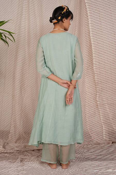 Shop_Pants And Pajamas_Blue Chanderi Embroidery V-neck Magnet Aqua Chikankari Kurta _at_Aza_Fashions