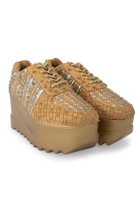 Anaar_Gold Goldilocks Embroidered Sneaker Wedges _Online_at_Aza_Fashions