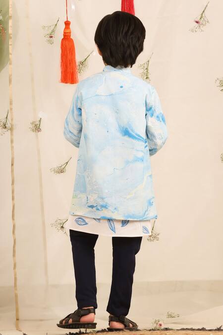 Shop_Cute Couture_White Cotton, Poplin Brush Paint Pattern Jacket And Kurta Set _at_Aza_Fashions