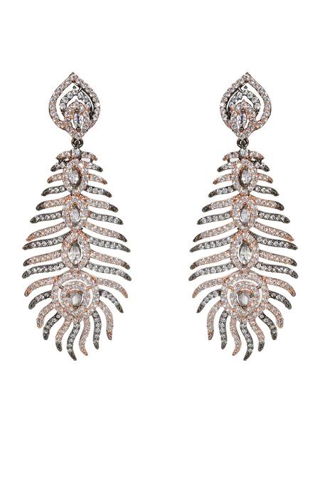 Tizora Gold Plated Fabric Flowers, Diamonds Peacock Feather Studded Earrings Online at Aza Fashions Tizora_Gold Plated Fabric Flowers, Diamonds Peacock Feather Studded Earrings_Online_at_Aza_Fashions