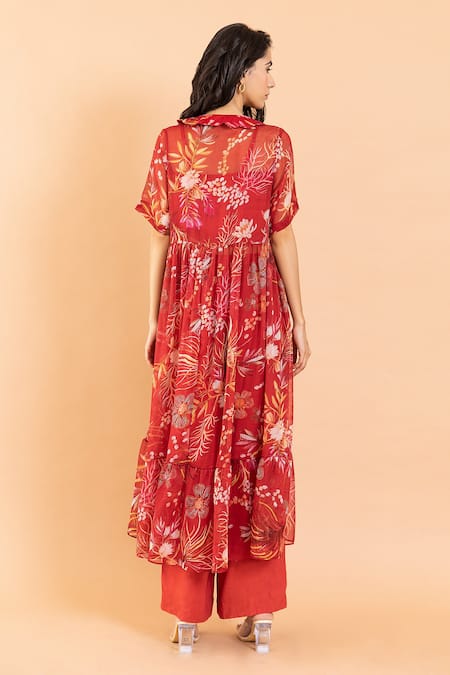 Shop Aroop Shop India Red Chiffon Scoop Neck Clara Amaryllis Print Dress And Pant Set at Aza Fashions Shop_Aroop Shop India_Red Chiffon Scoop Neck Clara Amaryllis Print Dress And Pant Set _at_Aza_Fashions