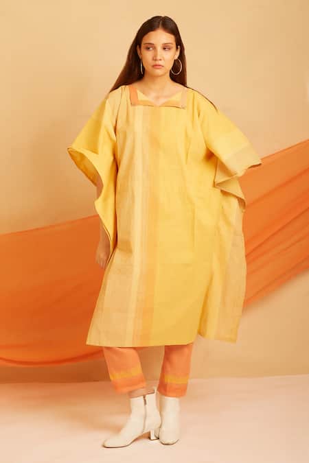 Shop Banana Labs Yellow Collared Striped Hand Block Print Kaftan And Pant Set at Aza Fashions Shop_Banana Labs_Yellow Collared Striped Hand Block Print Kaftan And Pant Set _at_Aza_Fashions