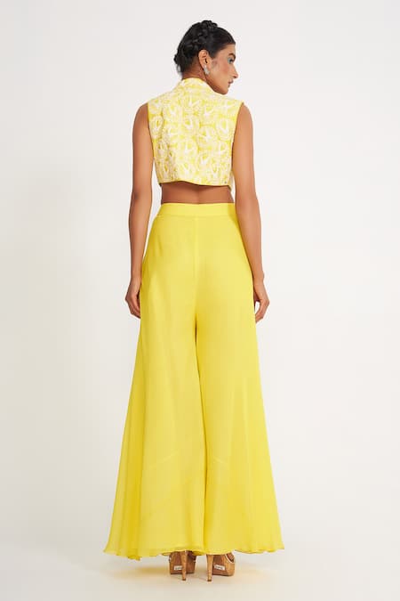 Shop Asaga Yellow Silk, Georgette Embroidery Sweetheart Neck, Clara Jacket Sharara Set at Aza Fashions Shop_Asaga_Yellow Silk, Georgette Embroidery Sweetheart Neck, Clara Jacket Sharara Set _at_Aza_Fashions