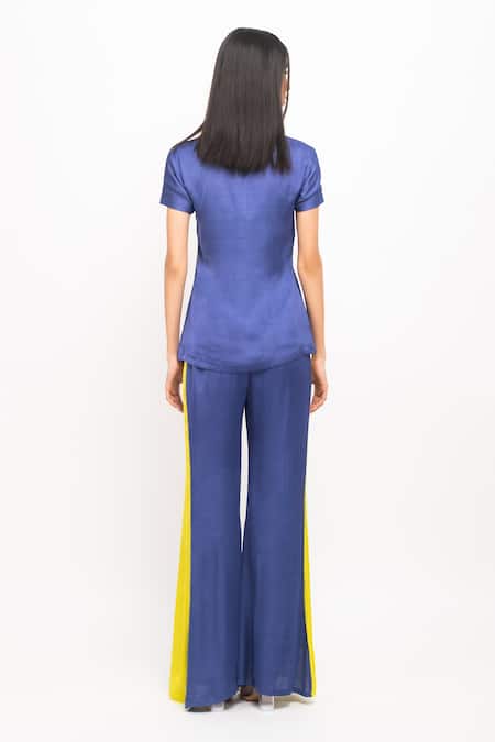 Shop Neora By Nehal Chopra Blue Silk Collared Half Sleeve Top And Pant Set at Aza Fashions Shop_Neora By Nehal Chopra_Blue Silk Collared Half Sleeve Top And Pant Set _at_Aza_Fashions