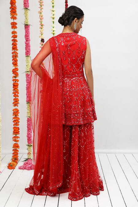 Shop_Shian_Red Net Embroidered Thread Round Neck Peplum Kurta Sharara Set  _at_Aza_Fashions