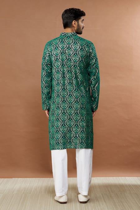 Shop Aham-Vayam Green Cotton Sequins Mughalkaari Embroidered Kurta And Pyjama Set at Aza Fashions Shop_Aham-Vayam_Green Cotton Sequins Mughalkaari Embroidered Kurta And Pyjama Set _at_Aza_Fashions