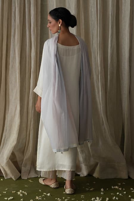 Shop_Kanika Sharma_White Modal, Muslin Pearls, Embroidery Scoop Neck Placement Kurta Set _at_Aza_Fashions