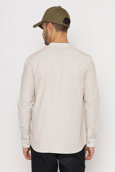 Shop_Lacquer Embassy_Beige Cotton Embroidery Lambeth Striped Pattern Shirt _at_Aza_Fashions