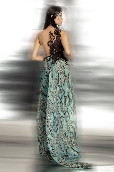 Shop Abhishek Sharma Green Polyester Lace, Embroidery High Neck Draped Raised Reef Print Top at Aza Fashions Shop_Abhishek Sharma_Green Polyester Lace, Embroidery High Neck Draped Raised Reef Print Top _at_Aza_Fashions