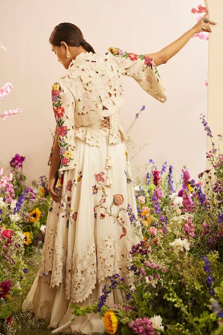 Shop Chandrima Ivory Chanderi Embroidery Square Neck Ruched Corset at Aza Fashions Shop_Chandrima_Ivory Chanderi Embroidery Square Neck Ruched Corset _at_Aza_Fashions