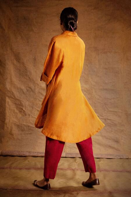 Shop Latha Puttanna Orange Linen Spread Collar Asymmetric Tunic at Aza Fashions Shop_Latha Puttanna_Orange Linen Spread Collar Asymmetric Tunic _at_Aza_Fashions
