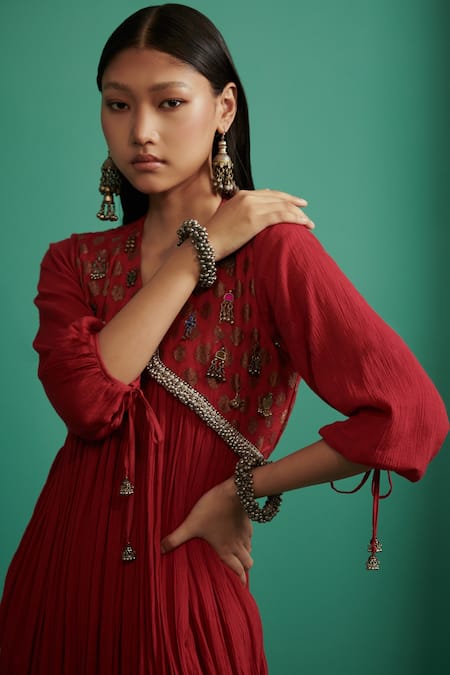 Shop 5elements Red 100% Cotton With Silk Brocade Yoke Woven Detail Anarkali And Pant Set at Aza Fashions Shop_5elements_Red 100% Cotton With Silk Brocade Yoke Woven Detail Anarkali And Pant Set _at_Aza_Fashions