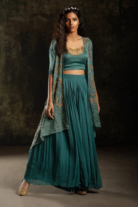 Shop_Mona And Vishu_Blue Bustier  Dupion Silk, Jacket  Organza, Asymmetric Embroidered Set _at_Aza_Fashions