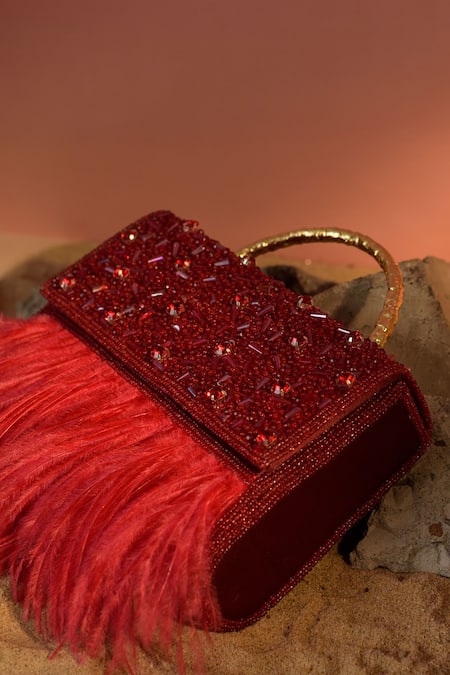 Shop Be Chic Red Embellished Fiery Feather Box Clutch at Aza Fashions Shop_Be Chic_Red Embellished Fiery Feather Box Clutch _at_Aza_Fashions