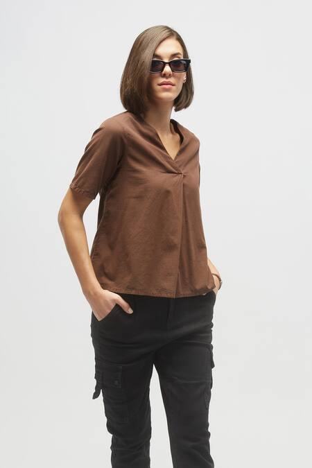 Terra Luna Brown 100% Organic Handloom Cotton Plain V Neck Half Sleeve Top 