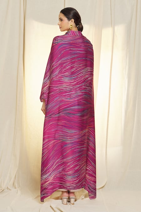 Shop_Vivek Patel_Red Bamboo, Satin Embroidery V-neck Asymmetric Hem Printed Kaftan _at_Aza_Fashions