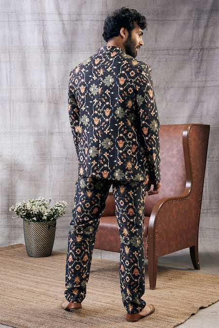 Shop Soup By Sougat Paul Black Jacquard, Silk Zahra Geometric Mandala Print Bandhgala With Pant at Aza Fashions Shop_Soup By Sougat Paul_Black Jacquard, Silk Zahra Geometric Mandala Print Bandhgala With Pant _at_Aza_Fashions