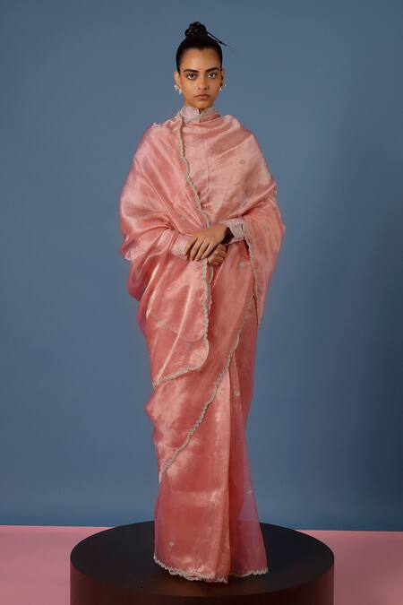 Shop Ekaya Banaras Peach Tissue Embroidery High Neck Hand Saree With Blouse Fabric at Aza Fashions Shop_Ekaya Banaras_Peach Tissue Embroidery High Neck Hand Saree With Blouse Fabric_at_Aza_Fashions