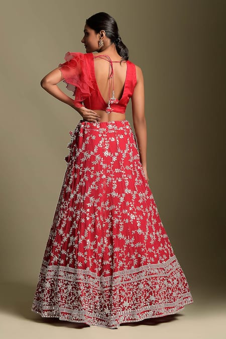 Shop Two Sisters By Gyans Red Georgette, Blouse Organza Sequin Work V Neck Embroidered Lehenga Set at Aza Fashions Shop_Two Sisters By Gyans_Red Georgette, Blouse Organza Sequin Work V Neck Embroidered Lehenga Set _at_Aza_Fashions