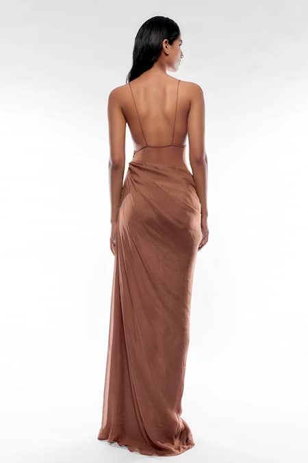 Shop Deme By Gabriella Pink Georgette, Net, Chiffon Sequins V-neck Strappy Draped Gown at Aza Fashions Shop_Deme By Gabriella_Pink Georgette, Net, Chiffon Sequins V-neck Strappy Draped Gown _at_Aza_Fashions