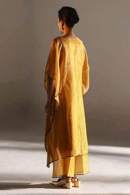 Shop_Mimamsaa_Yellow Tissue, Silk V-neck Reva Hand Crushed Kaftan And Pant Set _at_Aza_Fashions