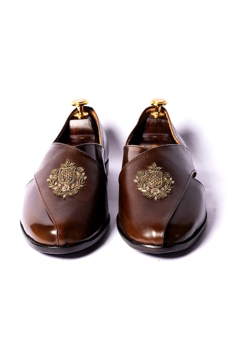 Shop_Artimen_Brown Embroidery Leather Dabka Peshawari _at_Aza_Fashions