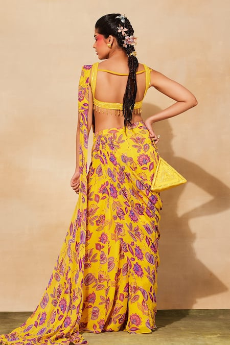 Shop Diyarajvvir Yellow Cotton, Silk, Georgette Beads, Floral Print Pre-draped Sharara Saree Set at Aza Fashions Shop_Diyarajvvir_Yellow Cotton, Silk, Georgette Beads, Floral Print Pre-draped Sharara Saree Set _at_Aza_Fashions