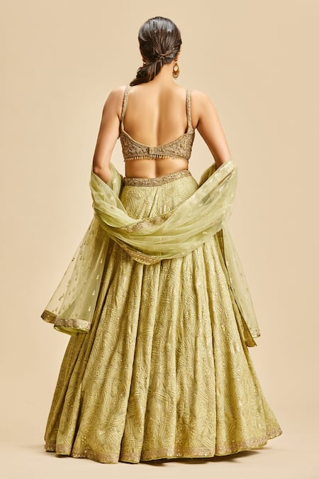 Shop Nitika Gujral Green Lehenga Georgette And Dupatta & Blouse Net Embroidery Tonal Resham Set at Aza Fashions Shop_Nitika Gujral_Green Lehenga Georgette And Dupatta & Blouse Net Embroidery Tonal Resham Set _at_Aza_Fashions