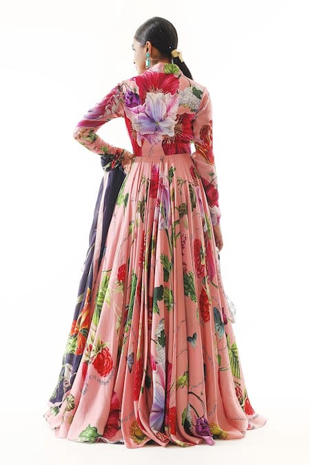 Shop Mahima Mahajan Pink Satin, Organza Zari, Embroidery Plunge Blossom Print Anarkali With Dupatta at Aza Fashions Shop_Mahima Mahajan_Pink Satin, Organza Zari, Embroidery Plunge Blossom Print Anarkali With Dupatta _at_Aza_Fashions