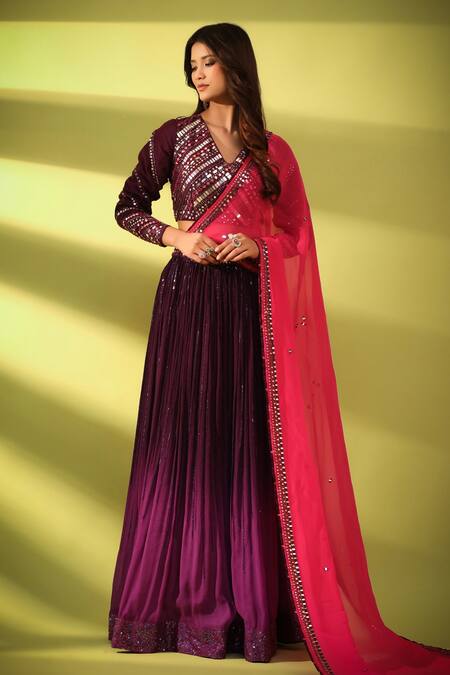 Shop Pallavi Jaipur Purple Blouse Chanderi, Dupatta Organza, Lehenga Wrinkle Crepe, Pleated Set at Aza Fashions Shop_Pallavi Jaipur_Purple Blouse Chanderi, Dupatta Organza, Lehenga Wrinkle Crepe, Pleated Set_at_Aza_Fashions
