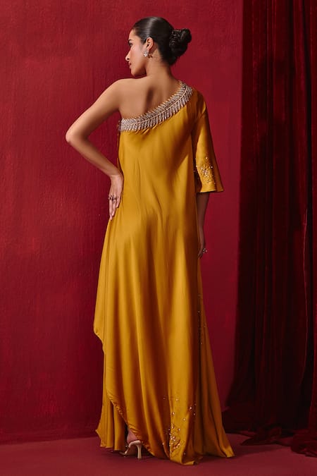 Shop_Ajiesh Oberoi_Yellow Modal, Silk Embroidery One Shoulder Meit Gown _at_Aza_Fashions