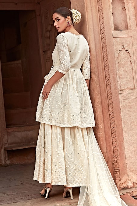 Shop_Preevin_Off White Cotton, Tulle, Net Mul Layered Angrakha Anarkali With Dupatta _at_Aza_Fashions