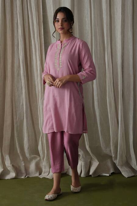 Shop Kanika Sharma Pink Modal Pearls Mandarin Collar Crinkled Cotton Embroidered Kurta And Pant Set at Aza Fashions Shop_Kanika Sharma_Pink Modal Pearls Mandarin Collar Crinkled Cotton Embroidered Kurta And Pant Set _at_Aza_Fashions