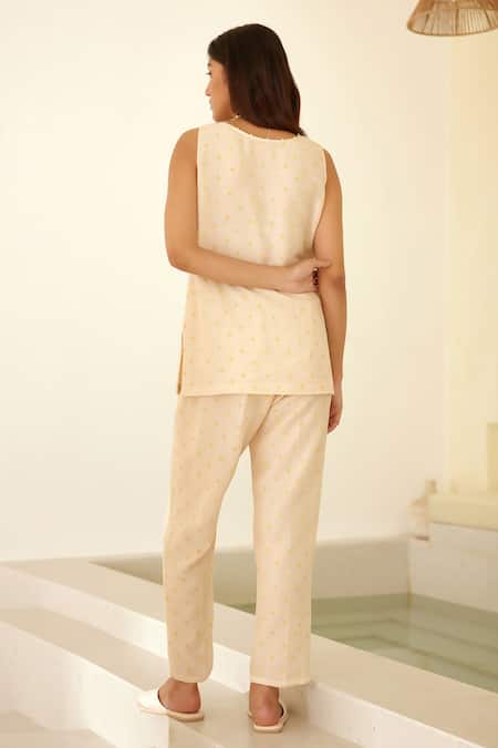 Buy_Cotton And Clay_Beige Modal, Silk Sequins, Hand Block Print Front-open Tunic Trouser Set _Online_at_Aza_Fashions